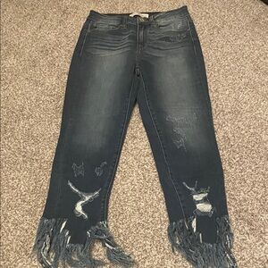 Stylish Distressed Blue Jeans with fringe- Kancan Jeans!